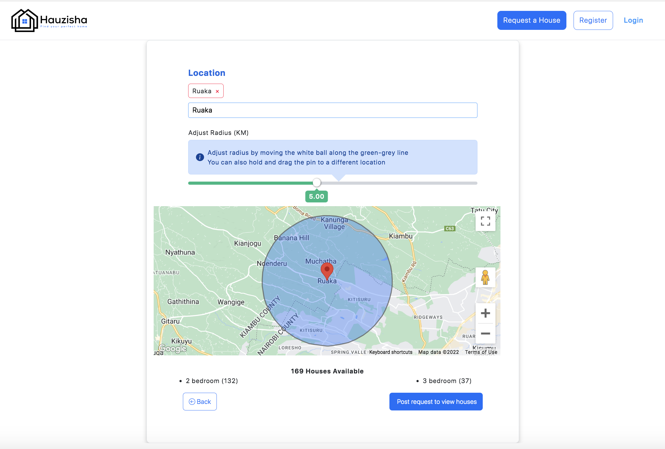 Requesting houses by Pin location on Hauzisha